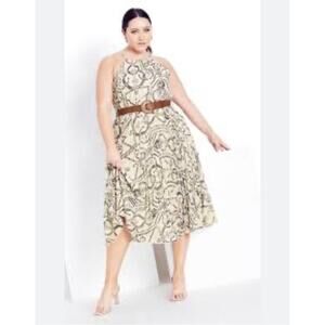 City Chic Halter Pleated Dress Ivory Black Exotic Print Size 20